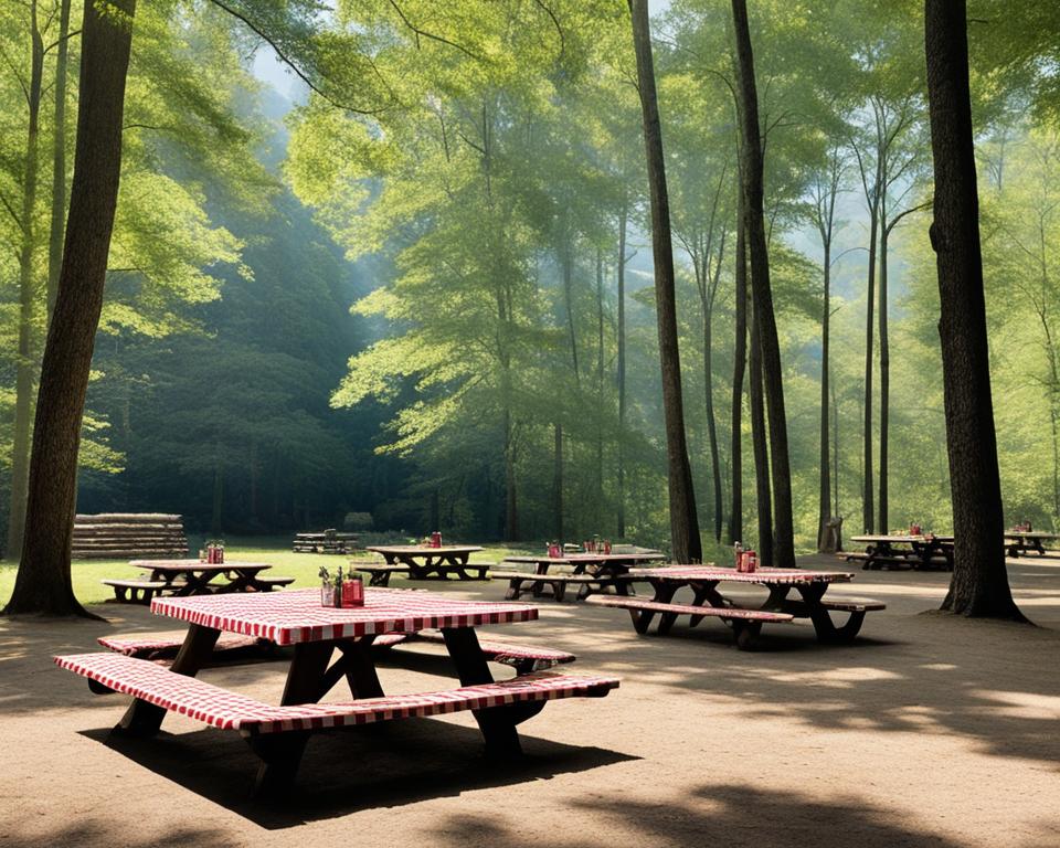 Picnic tables under the trees in Cades Cove